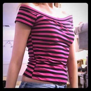Off shoulder pink and black striped top